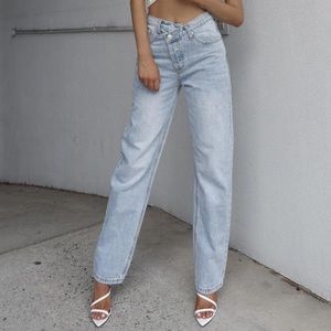 Holly Asymmetric straight leg Jean light wash denim